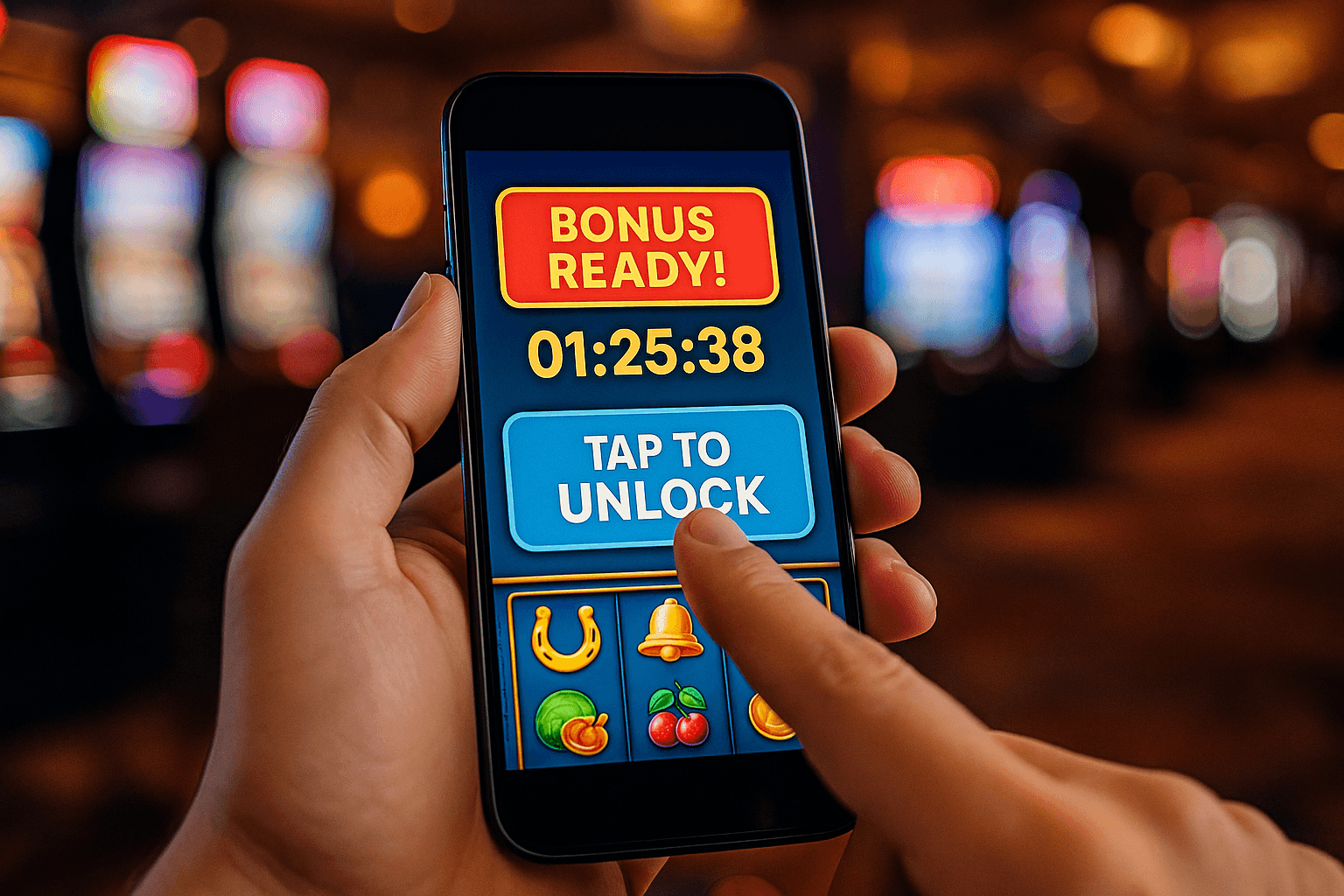 A person holding a smartphone showing a mobile casino app with a “Bonus Ready” countdown and a “Tap to Unlock” button, with blurred slot machines in the background.